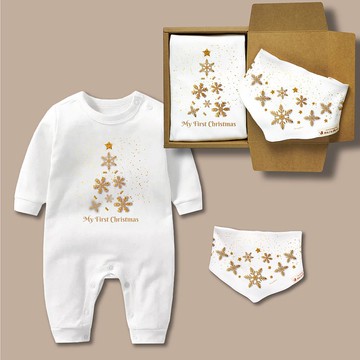 金色雪花聖誕樹 嬰兒禮盒2件組 長袖連身衣+三角巾 寶寶 客製