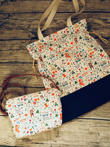 親子套裝 手作深藍色動物野餐圖案索繩帆布袋 及斜揹包
