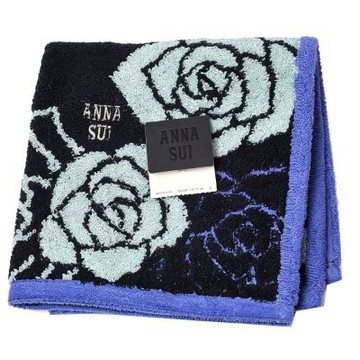 ANNA SUI 深藍底水藍玫瑰紫邊復古圖騰字母LOGO刺繡小方巾(28CM)