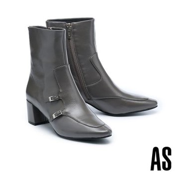 短靴 AS 簡約時尚金屬雙方釦全真皮尖頭高跟短靴－灰