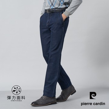 pierre cardin 皮爾卡登 男款 彈性平口休閒牛仔長褲-藍色(5245877-38)
