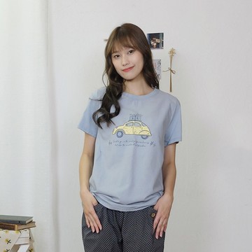 Hana-Mokuba花木馬日系女裝面料拼接手繪感印花休閒T恤_淺藍/米白