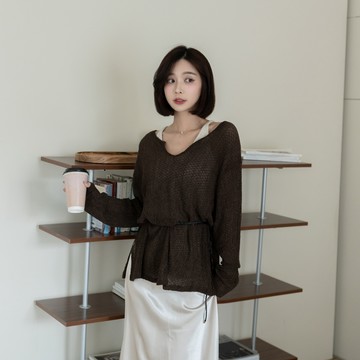 現貨+預購~送腰帶~小V領寬鬆鏤空針織長袖上衣【SA2612691】DesireShop