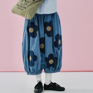 藍色水洗植絨大花朵純棉休閒褲 / 褲子 春季