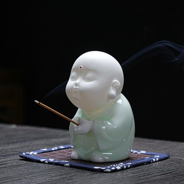 佛像 宗教擺件 家居擺件創意新中式小和尚陶瓷擺件線香插檀香座插香器托盤家用佛像香薰爐
