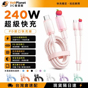 台灣隔日達🔥240w平果專用充電線 超耐用 iPhone 充電傳輸線 冰晶粉編織款 快速滿電 支援電腦同步 不擋手機殼