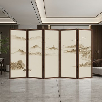 免運 隔斷折疊屏風 客製化            新中式實木移動折疊屏風隔斷茶室遮擋辦公室會客廳名畫暖色山水畫