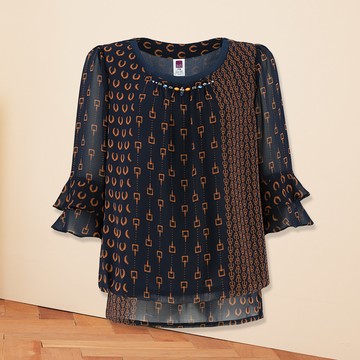 ILEY伊蕾 不對稱復古經典印花造型雪紡上衣(深藍)1213281412
