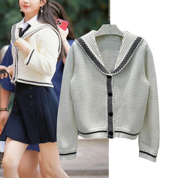 趙麗穎同款米白色V領海軍領短款針織開衫毛衣女減齡寬松長袖外套