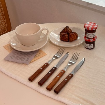 木質餐具風格 2 件套  2組  叉子 2p + 刀子 2p  銀色+棕色