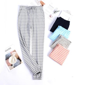 純棉睡褲女條紋休閑寬松全棉夏季春秋可外穿長褲薄款運動潮家居褲
