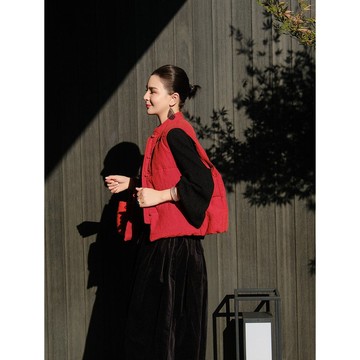 本命年新年紅色亞麻交織新中式加厚保暖顯瘦羽絨馬甲外套