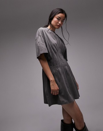 Topshop ruched tshirt acid wash mini dress in grey
