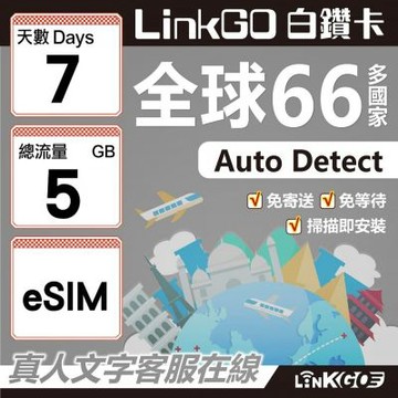 LINKGO白鑽卡 全球66國 eSIM卡 7天上網卡 總流量5GB(全球網卡 亞洲 歐洲 美洲 大洋洲 非洲)