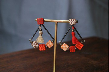 方形流蘇耳夾紅/橙