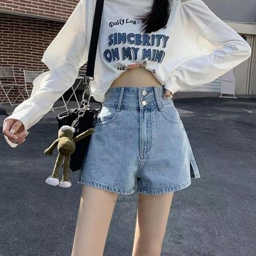 夏日優質牛仔褲 夏季新款韓版高腰牛仔褲顯瘦闊腿褲開叉牛仔褲熱褲A字褲牛仔短褲女生褲子女生短褲