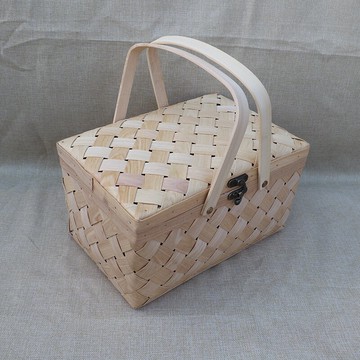 純手工杉木木片編織水果零食籃面包蔬菜野餐手提收納籃帶蓋子籃筐