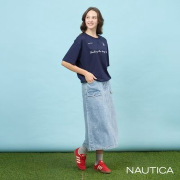 Nautica 官方旗艦 女裝 品牌LOGO刺繡短袖T恤-深藍色