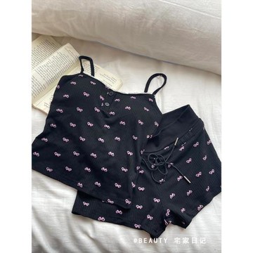 純欲bm小吊帶睡衣女夏季新款蝴蝶結印花帶胸墊背心短褲家居服套裝