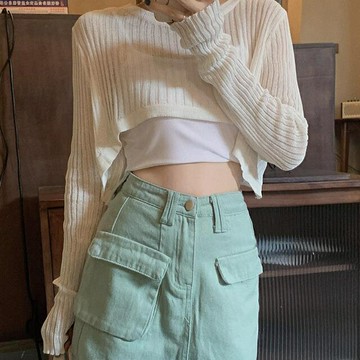 FUXI 韓版針織罩衫女 短版防曬罩衫 鏤空針織上衣 女裝 衣服 空調衫 背心外搭