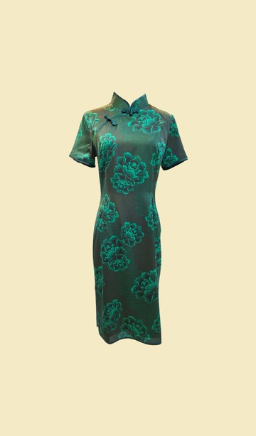 VINTAGE 悅裳 新式改良復古旗袍 綠色牡丹旗袍 連身裙