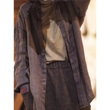 一言棉麻春季新品復古中國風亞麻文藝格紋撞色手縫貼布百搭款襯衫