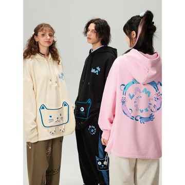 LAMLICKA小貓口袋連帽加絨衛衣印花寬松oversize連帽情侶潮流外套