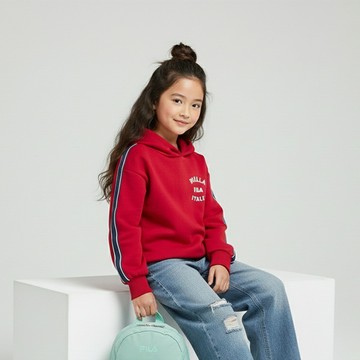 【任2件88折】FILA KIDS 女童吸濕排汗長袖連帽T恤-紅色 5TEY-8422-RD