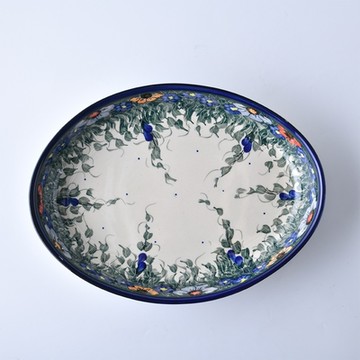 波蘭陶 紫花蔓藤系列 橢圓深盤 中 波蘭手工製