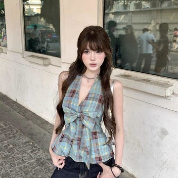 ✨臺灣出貨✨性感辣妹蝴蝶結格紋掛脖背心2026夏季新款收腰顯瘦外穿上衣女ins