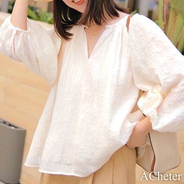 【ACheter】輕奢別致圓領V泡泡紗褶皺寬鬆短版上衣 # 115767(現貨+預購)
