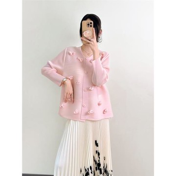 PY褶皺女裝短款開衫外套春秋季新款小花朵裝飾設計粉色長袖上衣