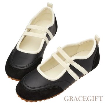 【Grace Gift】校園少女全真皮撞色瑪莉珍運動鞋 黑