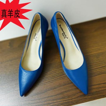 新款寶藍色真皮中跟細跟女鞋單鞋性感網紅尖頭淺口小羊皮鞋高跟鞋