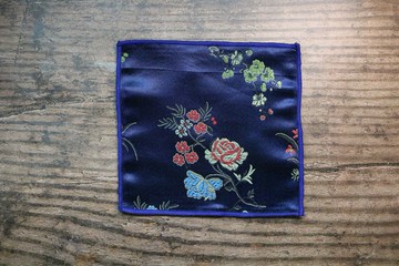 蓝色真丝复古风花卉口袋巾婚礼手帕丝巾新郎
