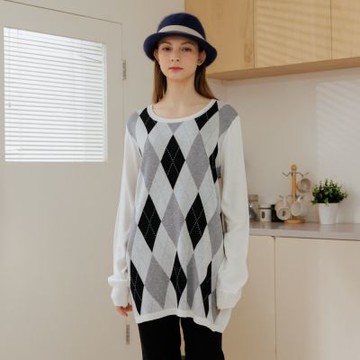 【CUMAR】經典學院格紋長版針織上衣 白 粉 灰(魅力商品)