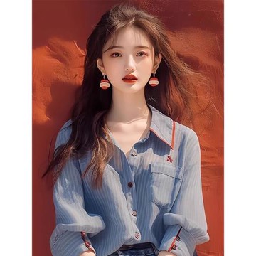 藍色條紋翻領襯衫襯衣2026早秋季新款女冷淡獨特韓系chic別致上衣