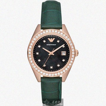 ARMANI手錶，編號AR00027，36mm玫瑰金圓形精鋼錶殼，墨綠色中三針顯示， 貝母錶面，綠色真皮皮革錶帶款_廠商直送