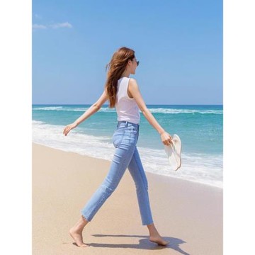 淺藍色直筒牛仔褲女2025年夏薄款高腰窄版小個子煙管褲九分法棍褲