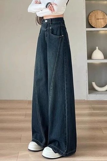 設計感高腰牛仔褲女2025春季新款時尚復古寬松顯瘦垂感闊腿褲鑫弘-素時衣櫥