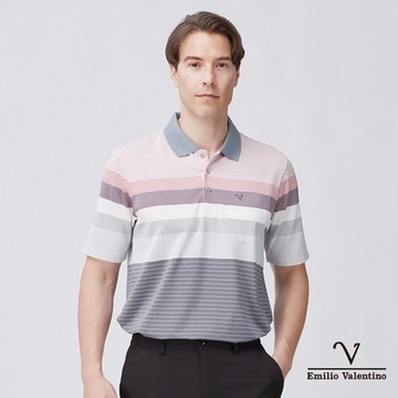 【Emilio Valentino范倫鐵諾】男裝吸排涼感彈性短袖POLO衫-橘白灰(21-4V8839)