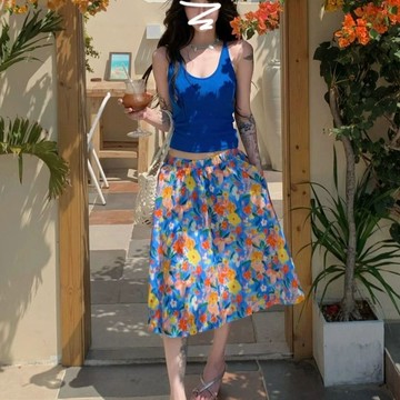 多巴胺 韓系裙子 明媚穿搭 連衣裙子女 夏藍色碎花半身長裙 度假套裝 海島沙灘裙 旅行出國 碎花裙