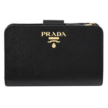 PRADA 經典浮雕LOGO防刮皮革扣式零錢中夾(黑色)