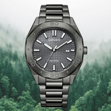 CITIZEN 星辰 GENTS 光動能 八角形 格紋錶盤 時尚男錶-全黑41mm BM7637-81H