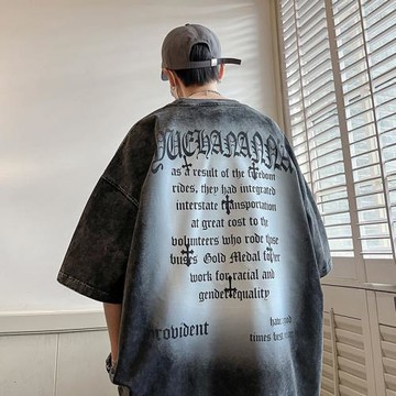 水洗做舊320g重磅t恤男美式復古高街短袖oversize歐美潮牌七分袖