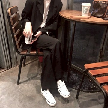 英倫風西裝兩件套秋裝chic純色中長款外套+垂感高腰拖地闊腿褲女1入