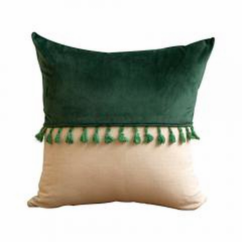 メール便対応 タッセル付き クッションカバー 45 45cm カラーブロック ベルベット グリーン クッション カバー 45角 北欧 おしゃれ 正方形 四角 かわいい シンプル 腰あて ピロークッション 海外 ファブリック プレゼント メール便 模様替え 緑 リネン リゾート