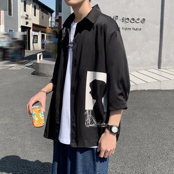 七分袖襯衫男夏季外套薄款寬松冰絲短袖襯衣ins港風潮流半袖上衣