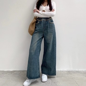 【Aa.chic出清5折起】超顯瘦毛邊鬆緊牛仔寬褲(單一色).女裝/下身/超顯瘦/鬆緊/寬褲/春裝【C229212】