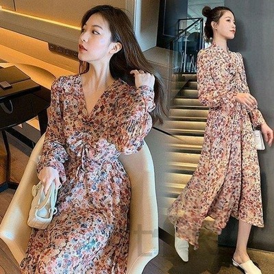 ワンピース レディース 40代ワンピース 春夏 マキシワンピース 長袖 花柄ワンピース Vネック 通勤 結婚式ドレス お出かけ 大人 通販 Lineポイント最大get Lineショッピング